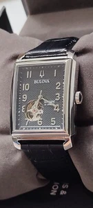 Bulova Men's Watch 96A269 Automatic Black Dial Leather Strap Rectangle 33x40mm - Picture 1 of 20