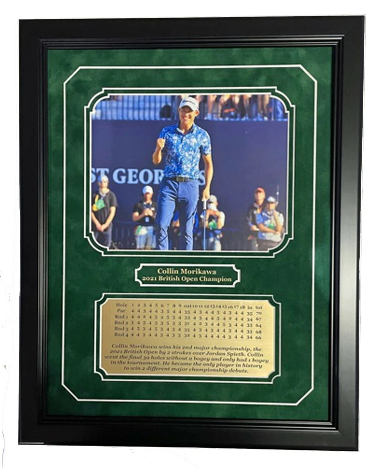 Collin Morikawa Campeón del Abierto Británico 2021 8x10 enmarcado con tarjeta de puntuación grabada Foto 1 de 2
