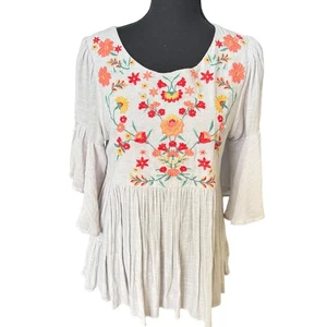 Umgee USA Embroidered Floral Tunic Top Bell Sleeve Bohemian Grey Small - Picture 1 of 5