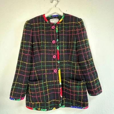 Vintage David Hayes Neiman Marcus Womens Plaid Jacket Black Multicolor Pockets - Image 1 of 4