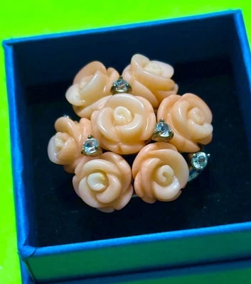 Designer Sterling Silver carved Coral Rose Bouquet & Zircon Gems 925 Ring sz 6 - Image 1 of 3