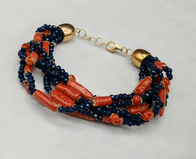 Bracciale donna corallo rosso di Sardegna vero agata blu zaffiro argento 925 - Immagine 1 di 4