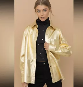 Blue B collection Shirt Gold Womens Sz Large Faux Leather Long Sleeve NEW - Picture 1 of 8