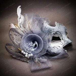Silver Glitter Venetian Eye Mask w/ Mesh Flower Feather Masquerade Prom Wedding - Picture 1 of 4
