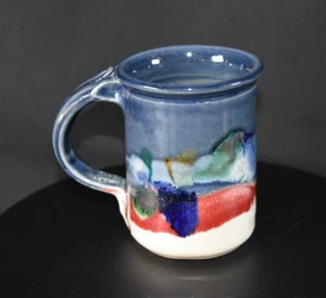 Studio Art Pottery Glazed Mug Blue Red Green Drip Glaze Brimberry Austin Texas - Picture 1 of 7