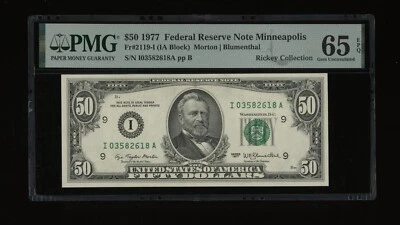 DBR 1977 $50 FRN Minneapolis Gem Fr. 2119-I PMG 65 EPQ Serial I03582618A - Image 1 of 2