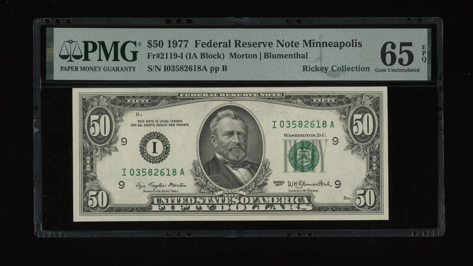 DBR 1977 $50 FRN Minneapolis Gem Fr. 2119-I PMG 65 EPQ Serial I03582618A - Image 1 of 2
