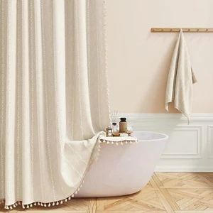 BTTN Boho Farmhouse Shower Curtain, Linen Rustic Weighted Striped Cloth Shower C - Picture 1 of 8