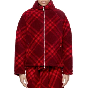 BURBERRY 8077407 Teddy Wool Fleece Ripple Check Reversible Bomber Jacket L-XL - Picture 1 of 21