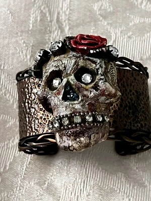 SKULL BRACELET By Betsey Johnson RHINESTONES FLOWER Copper Cuff - Image 1 of 4