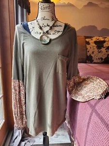 We The Free People Womens Jade Tunic Top Size M Green Long Puff Sleeve Pocket - Picture 1 of 5