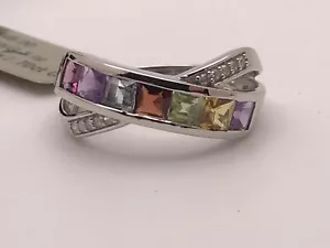 ANILLO ARCO IRIS DE ORO BLANCO 10K CON ANILLO DE ACENTO DIAMANTE TALLA 5 - Imagen 1 de 3