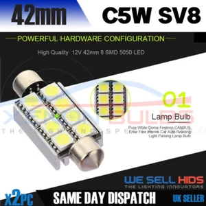 2x 42mm C10W SV8 8 SMD LED BULB INTERIOR ROOF DOME FESTOON WHITE COOL - Picture 1 of 5
