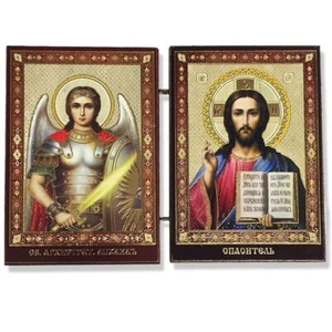 Díptico de Madera San Miguel y Cristo Maestro 3 1/2"x5" Hecho en Ucrania - Imagen 1 de 1