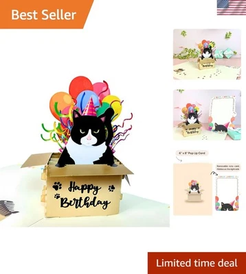 可爱黑猫弹出生日卡-适合猫爱好者和各种场合 — 第 1/4 张图片