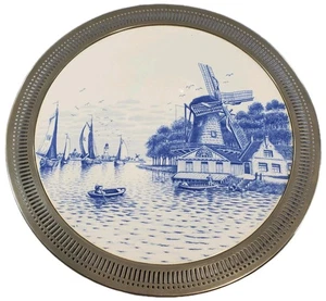 Dutch Windmill Serving Tray Blue White Ceramic Perforated Metal Frame - Picture 1 of 6