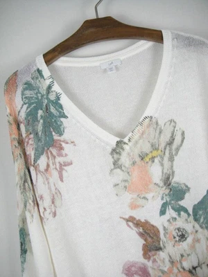 J Jill Size PL White Floral V Neck Linen Rayon Knit Sweater - Image 1 of 4