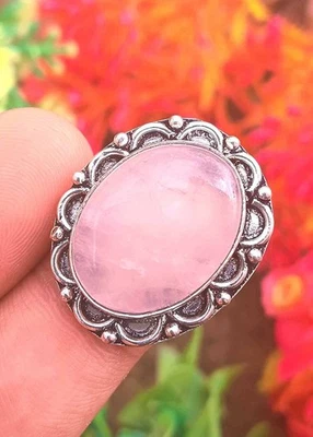Anillo de piedra de cuarzo rosa enchapado en plata de ley 925 tamaño 7,25 elegante regalo para ella Foto 1 de 2