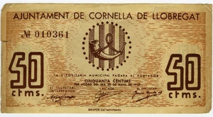 # SPAIN CIVIL WAR 1937 • CORNELLA LLOBREGAT 50 CTS ☆ GUERRA CIVIL ESPAÑOLA☆D1505 - Picture 1 of 2