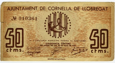 # SPAIN CIVIL WAR 1937 • CORNELLA LLOBREGAT 50 CTS ☆ GUERRA CIVIL ESPAÑOLA☆D1505 - Image 1 of 2