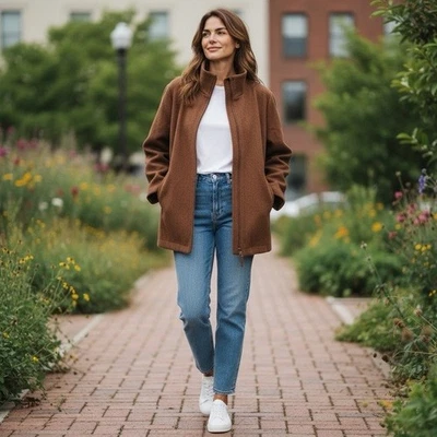 Chaqueta Eileen Fisher XL Marrón Lana Cremallera Clásica Aspen Chic Preppy Cuello Embudo Foto 1 de 4