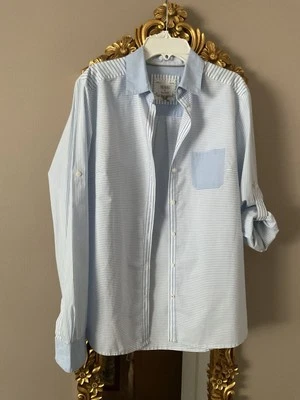 Womens MNG by Mango Light Blue White Pinstripes Button Shirt Long Sleeve Sz 8 - Image 1 of 4
