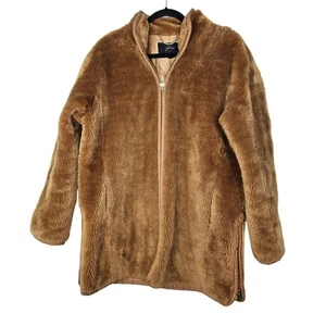 J.Crew M Zip-up Plush Fleece Coat Teddy Brown Fuzzy Full Zip Warm Casual - Picture 1 of 4