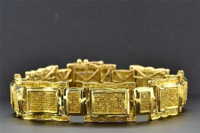 10Ct Princess Cut Yellow Diamond Men's Link Bracelet Yellow Gold Plated Silver - Image 1 of 4