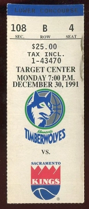 Ticket Basketball Minnesota Timberwolves 1991 - 92 12/30 Sacramento Kings - Image 1 of 1