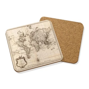 VINTAGE OLD WORLD MAP #2 DRINKS COASTER MAT HARDBOARD SQUARE SET X4 - Travel Glo - Picture 1 of 1