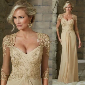 Elegant Chiffon Mother of the Bride Dresses long Sleeves Champagne Appliques - Picture 1 of 9