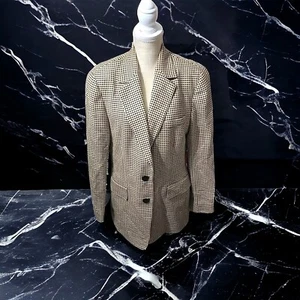 Vtg Anne Klein USA Gold & Black Houndstooth 2-Button Blazer Sz 14 Silk Linen Mix - Picture 1 of 13