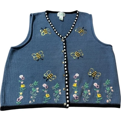 The Quacker Factory 2X Knit Vest Blue Embroidered Bees Flowers Sleeveless Top - Image 1 of 4