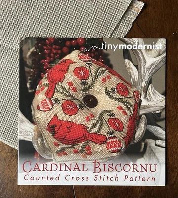 Tiny Modernist Cross Stitch Pattern - Cardinal Biscornu - Image 1 of 2