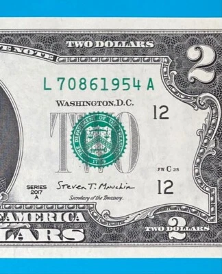 TRAILING YEAR 1954 (L 7086 1954 A) $2 Two Dollar Bill Serial Number 2017A*UNC*   - Image 1 of 3