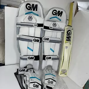 GM Original Batting Pads Large Men RH, Gloves RH + GM AURA Cricket Bat - Picture 1 of 12