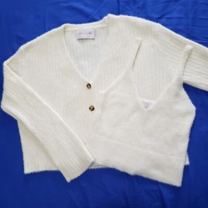 HOLIDAY brand Knit Vest Cardigan Set Size S Ivory Crop Fluffy Soft Demure NWOT - Picture 1 of 11