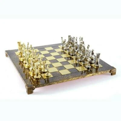 Manopoulos Greek Roman Army Large Chess Set - Brass Nickel Pawns - Brown Board - Image 1 of 4