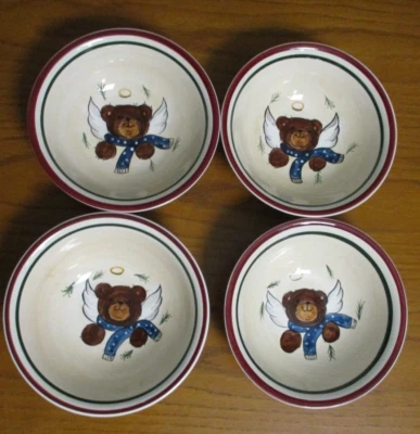 Juego de 4 cuencos de sopa/ensalada/cereal de oso ángel - gres - tema de invierno - 6 5/8" Foto 1 de 4