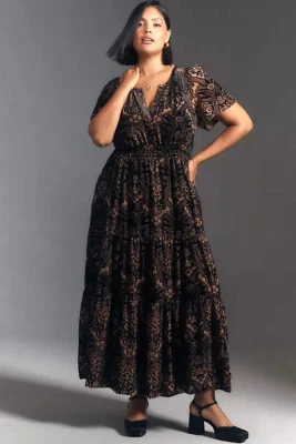 Anthropologie 3X The Somerset Velvet Edition Maxi Dress Tiered Black Nwt - Image 1 of 4