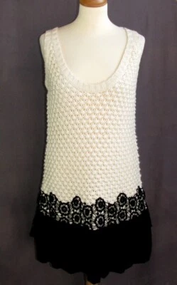 Manoush - Kurzes Kleid Tunika Wolle Creme Velours Spitze Schwarz T L/40 - Ex - Bild 1 von 4