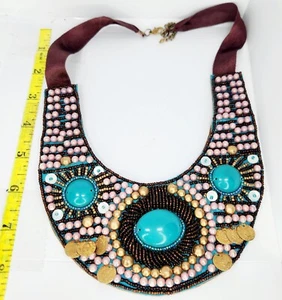 BOHO Collar Choker Beaded Bib Necklace Brown Aqua Turquoise Blue Handmade Tribal - Picture 1 of 4