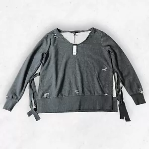Romeo + Juliet Couture Damen M Distressed Sweatshirt grau Löcher Seitenschlitz zum Binden - Bild 1 von 9
