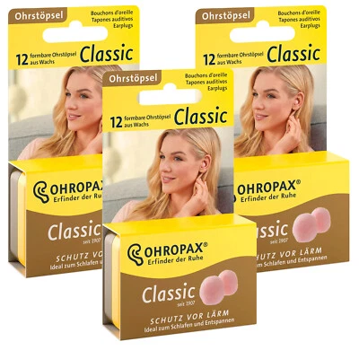 3x Ohropax Classic 12 Malleable Wax Earplugs Noise Protection Hearing Protection 22dB