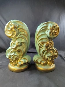 Pair Haeger Plume Feather Vases Art Pottery Blue Gold Retro Vintage As Is Unique - Picture 1 of 24