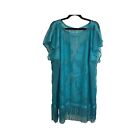 Womens Teal Blue Floral Lace Sheer Fringe Sleeveless Swim Cover Up Top One Size