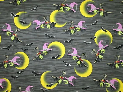 TECIDO DE ALGODÃO PRETO ASSUSTADOR MORCEGOS BRUXAS LUA VOADORA MORCEGOS BTHY - Imagem 1 de 4