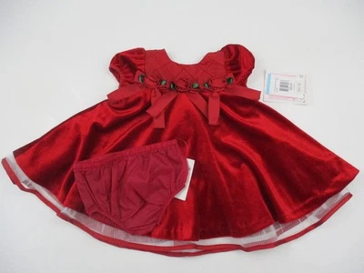 BONNIE BABY Dress Baby Girl 6-9 mos Red Velour Roses w Diaper Cover NWT Holiday - Image 1 of 4