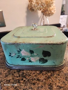 Vintage Cake Tin Holder With Handle Turquoise Flowers - Picture 1 of 5
