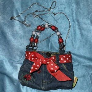 Vintage Bootie Bags Ladybugs Denim Print Bead Mini Bag W/Chain Strap, Y2K - Picture 1 of 17